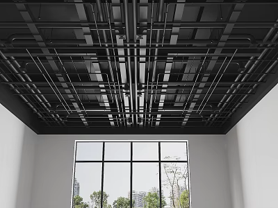 Industrial Style Open Ceiling Design With Exposed Black Metal Pipes And Structural Lines 3d model
