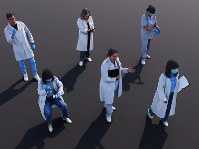 Group of Medical Professionals Wearing Lab Coats Face Masks And Holding Clipboards 3d model