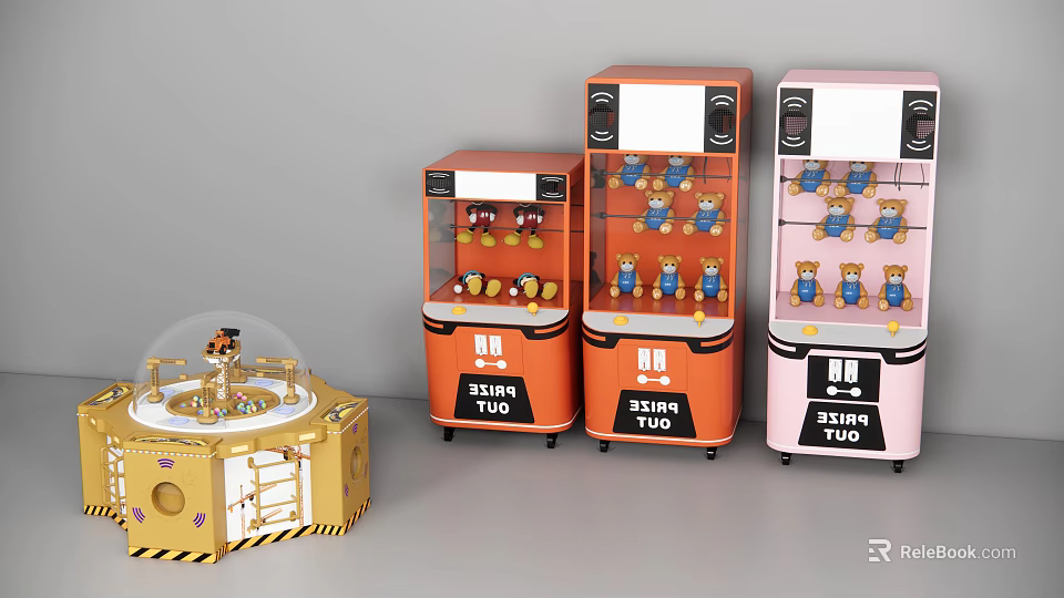 Multiple Orange And Pink Entertainment Appliances With Transparent Covers And Stuffed Toys 3d model 