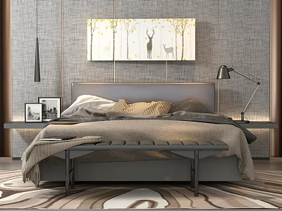 Double Bed with Gray Headboard Layered Bedding Foot Bench Wall Art Trees Deer and Patterned Rug 3d model