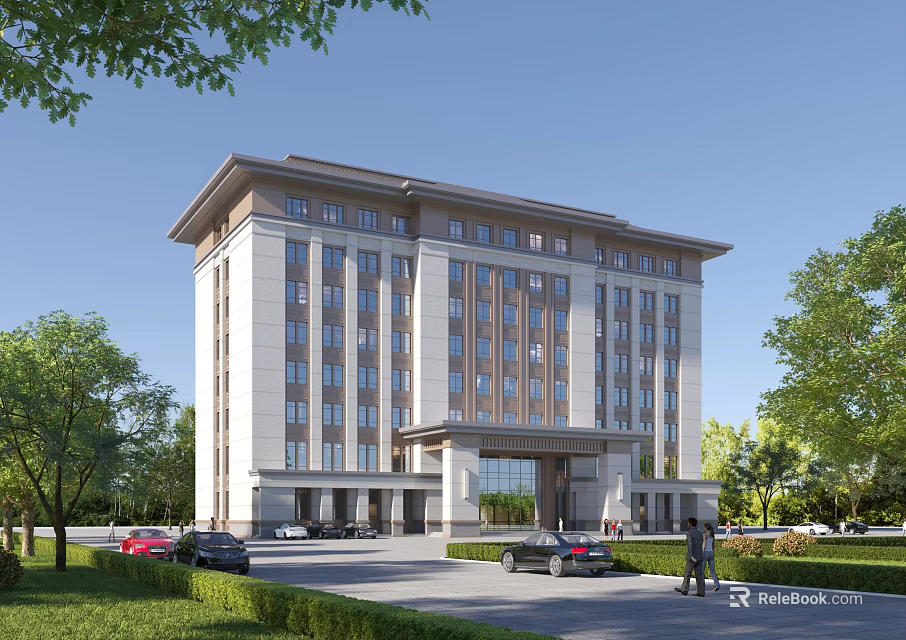 Modern Office Building Exterior With Landscaped Lawns Trees And Parked Cars 3d model 
