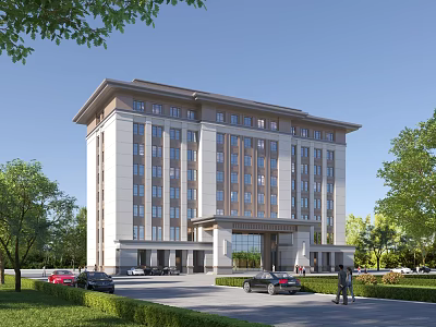 Modern Office Building Exterior With Landscaped Lawns Trees And Parked Cars 3d model