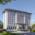 Modern Office Building Exterior With Landscaped Lawns Trees And Parked Cars