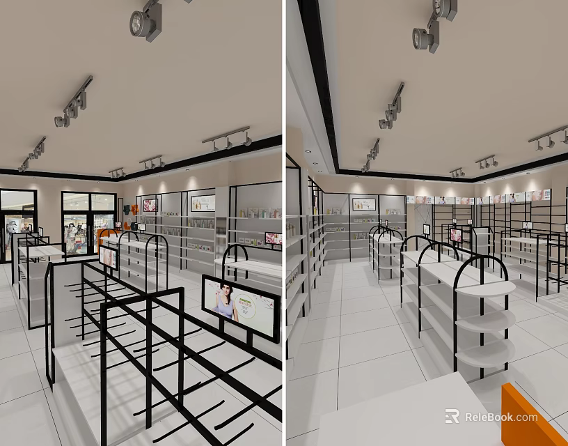 Modern Specialty Store Interior With Shelves Display Cases And Spotlights On White Tiled Floor 3d model 