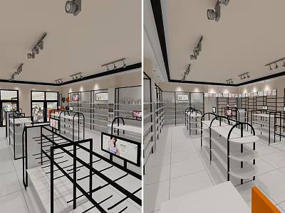 Modern Specialty Store Interior With Shelves Display Cases And Spotlights On White Tiled Floor 3d model