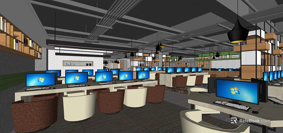 Modern Internet Cafe Interior With Multiple Computers Comfortable Seating And Bright Workstations 3d model 