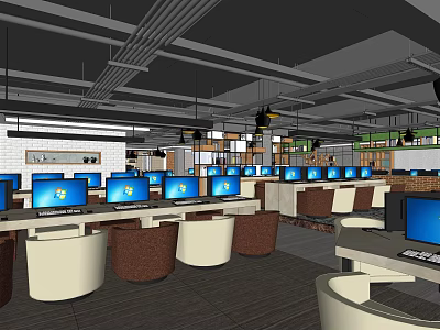 Modern Internet Cafe Interior With Multiple Computers Comfortable Seating And Bright Workstations 3d model