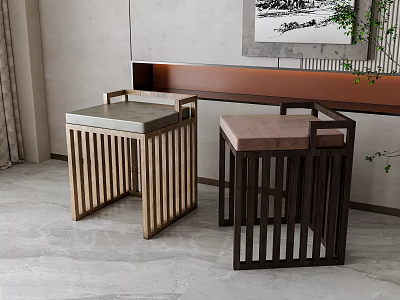 Modern Wooden Stools With Vertical Slats In Two Tone Design For Home Interior 3d model