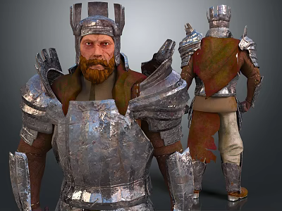 Warrior Character In Silver Armor With Helmet Cloak And Shoulder Armor Front Back Views 3d model