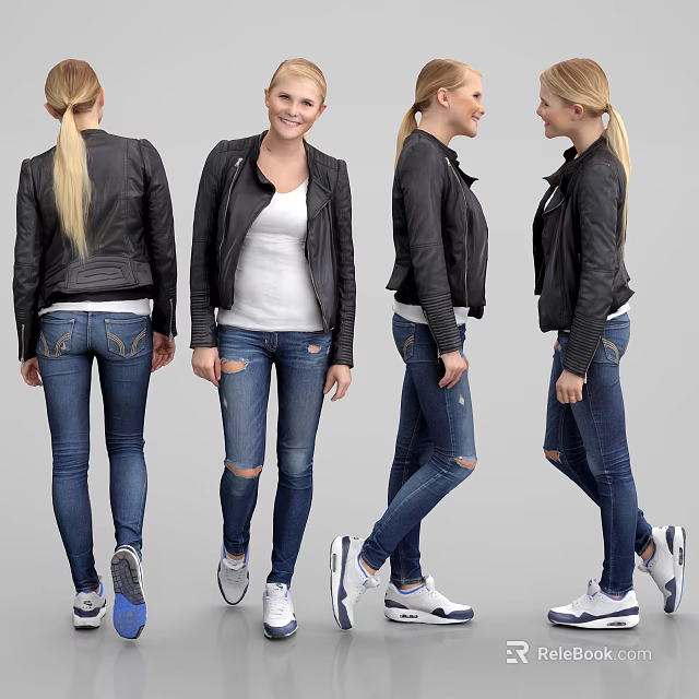 Woman Wearing Black Leather Jacket White T-shirt Ripped Jeans And White Sneakers From Different Angles 3d model 