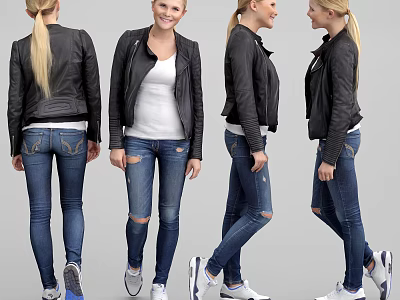 Woman Wearing Black Leather Jacket White T-shirt Ripped Jeans And White Sneakers From Different Angles 3d model