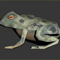 3D Low Poly Frog with Blue Green Black Spots and Orange Eyes on Dark Background