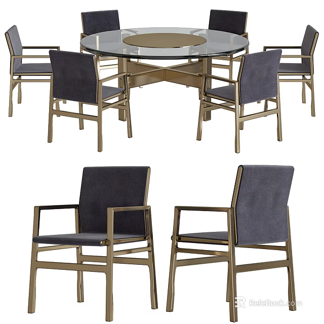 Modern Round Dining Table Set With Gold Metal Frame And Gray Chairs 3d model