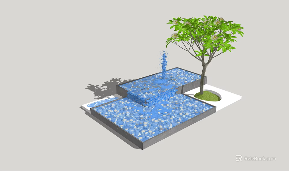 Garden Ornament Stepped Fountain With Blue Pool Green Tree And Grass Patch 3d model 