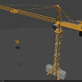 Yellow Tower Crane With Extended Boom Hook Lifting Heavy Load On Concrete Base Metal Structure