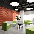 Modern Lounge Area with Orange Wall Green White Sofas Round Lights and Indoor Plants 3d model