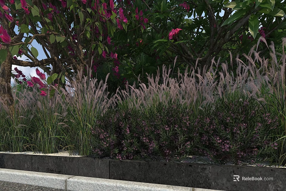 Municipal Road Landscaping Design With Green Belt And Flowering Shrubs 3d model 