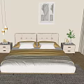 Modern Double Bed With Beige Upholstered Headboard White Pillows Yellow Blanket And Abstract Wall Art