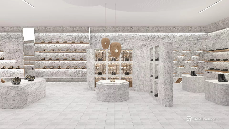 Modern Shopping Mall Counter Interior With Marble Display Shelves And Product Arrangement 3d model 