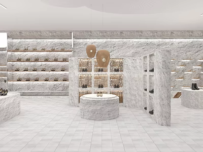 Modern Shopping Mall Counter Interior With Marble Display Shelves And Product Arrangement 3d model