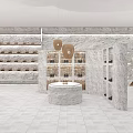 Modern Shopping Mall Counter Interior With Marble Display Shelves And Product Arrangement