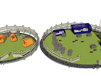 Outdoor Circular Fenced Area With Orange Tents Blue Playhouse And Tree Stumps 3d model