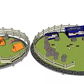 Outdoor Circular Fenced Area With Orange Tents Blue Playhouse And Tree Stumps