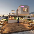 Vibrant Commercial Street With Colorful Buildings Neon Signs And Outdoor Dining Areas