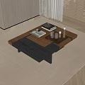 Modern Coffee Table With Dark Wood Panel Tray Books Glass Cups And Beige Rug