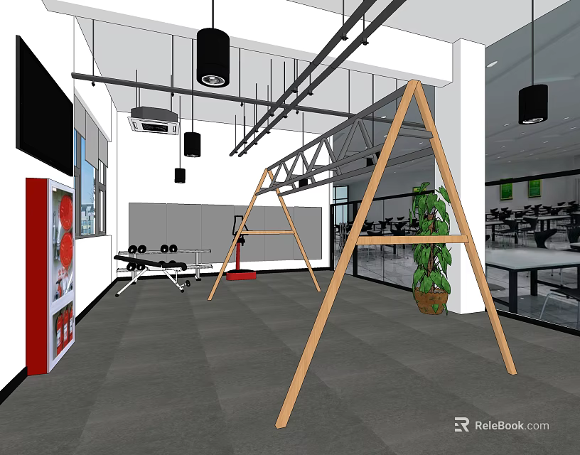 Spacious Fitness Gym Interior With Wooden Frame Suspension Training Equipment Mirrors And Green Plants 3d model 