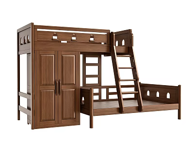 Wooden Bunk Bed With Ladder And Storage Cabinet For Bedroom 3d model