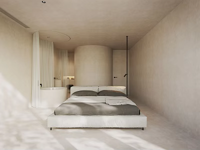 Minimalist Hotel Room Interior With Light Toned Walls Large Bed Bathtub And Natural Light 3d model