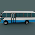 White and Blue City Bus With Large Windows and Side Doors