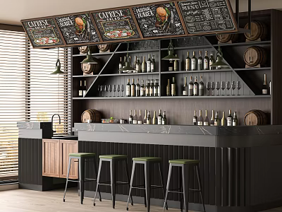 Bar Interior Design With Bar Counter Wooden Shelves Bottles Barrels Chalkboard Menus And Stools 3d model
