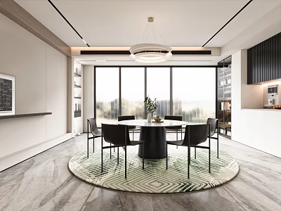 Modern Restaurant Interior Featuring Round Dining Table Black Chairs Pendant Light And Large Windows 3d model