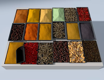 Display Shelf with Colorful Spices Neatly Arranged in Multiple Compartments 3d model