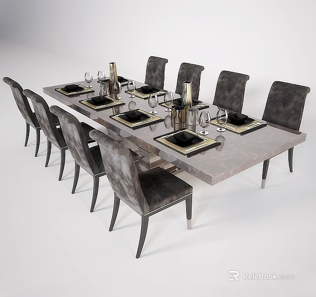 Modern Dining Table Set with Six Gray Chairs Marble Tabletop Tableware and Candle Holders 3d model