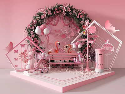 Pink Themed Floral Display with Floral Arch Balloons Flamingos Bicycle Mailbox and Butterflies 3d model