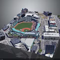 Aerial View of Baseball Stadium Green Turf Red Mound Surrounded by Urban Buildings and Streets