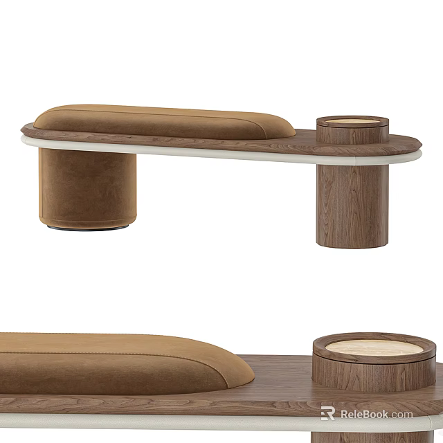 Modern Leather Cushioned Sofa Bench With Wooden Legs And Side Table 3d model 