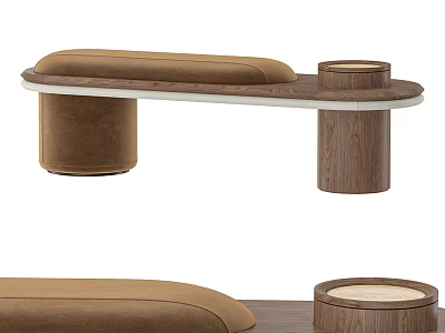 Modern Leather Cushioned Sofa Bench With Wooden Legs And Side Table 3d model