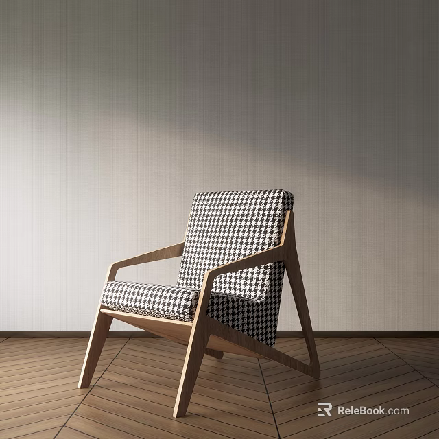 Black and White Checkered Accent Chair with Wooden Frame in Modern Interior 3d model 