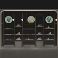 Modern Mall Store Interior with Round Green Decor White Shelves and Small Bottles