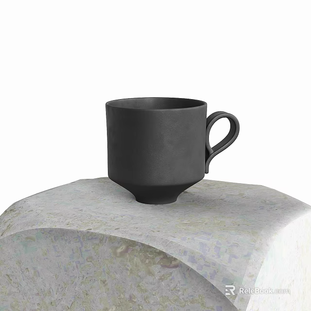 Black Ceramic Cup With Handle Placed On Textured Patterned Cloth Surface 3d model 