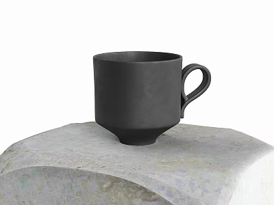 Black Ceramic Cup With Handle Placed On Textured Patterned Cloth Surface 3d model