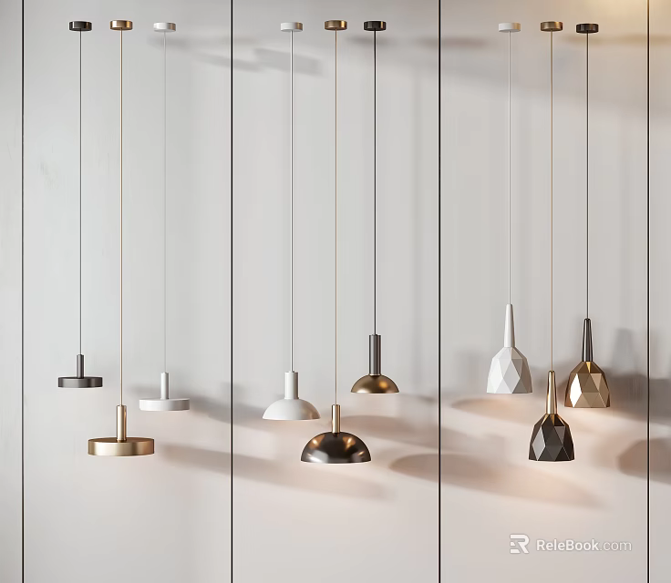 Various Modern Pendant Lights With Different Designs Hanging On White Display Wall 3d model