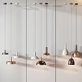 Various Modern Pendant Lights With Different Designs Hanging On White Display Wall 3d model