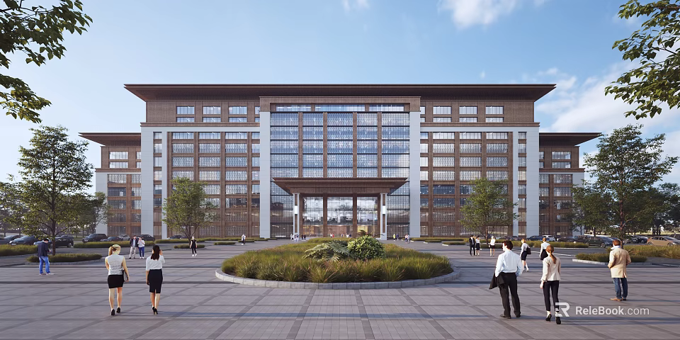 Modern Office Building Featuring Large Glass Windows Central Entrance Plaza Landscaping And People Activity 3d model 