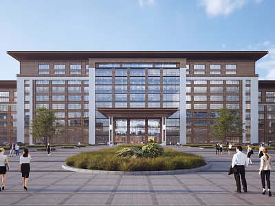 Modern Office Building Featuring Large Glass Windows Central Entrance Plaza Landscaping And People Activity 3d model