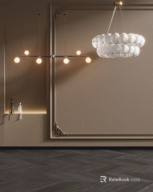 Modern Round Glass Chandelier In Beige Wall Interior With Decorative Lines And Small Sculptures 3d model 